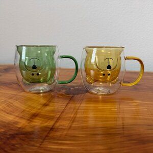 Set of 2, Double Wall Clear Glass 3D Bear (Green/Yellow) Coffee/Tea Mugs.